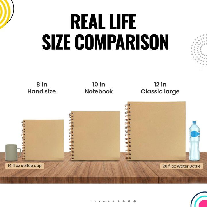 Three scrapbook album sizes side by side with a coffee cup and water bottle for scale